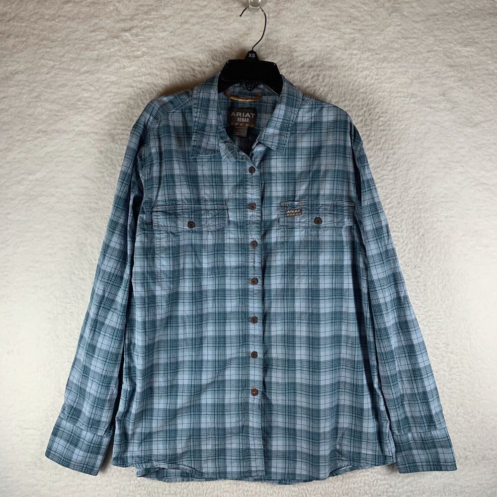 Ariat Rebar Made Tough DuraStretch Work Shirt Womens L Clear Sky Plaid Button-Up